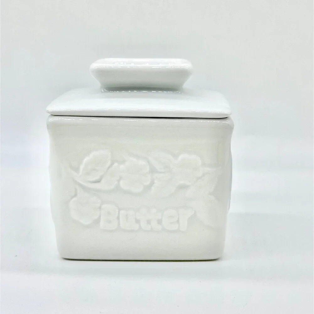 Square White Porcelain Butter Bell Crock Keeper Holder  “butter” floral